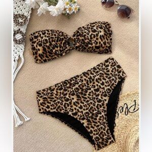 Two Piece Leopard Print Padded Bikini Set Brown Black Size M